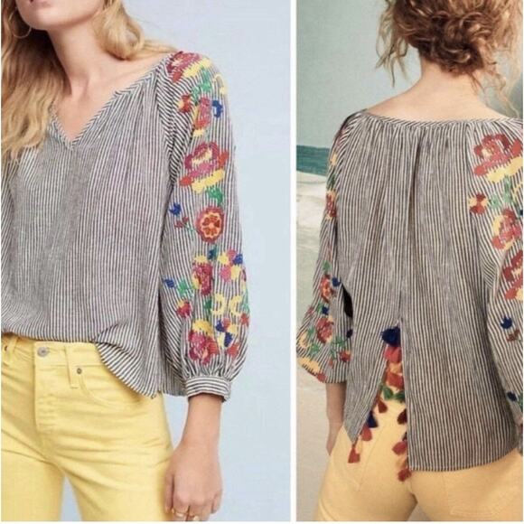 Anthropologie Tops - NEW Anthropologie Striped Embroidered Soleil Peasant Top by Floreat Large/Petite